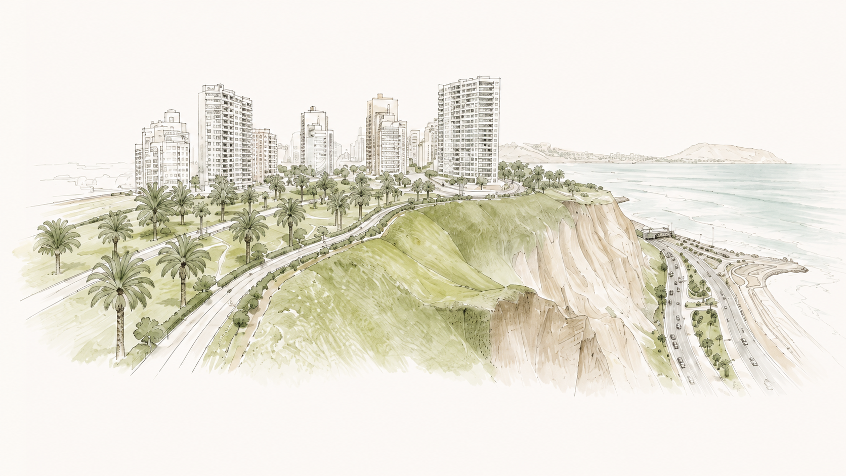 Watercolor line drawing of the Miraflores coastline and city skyline